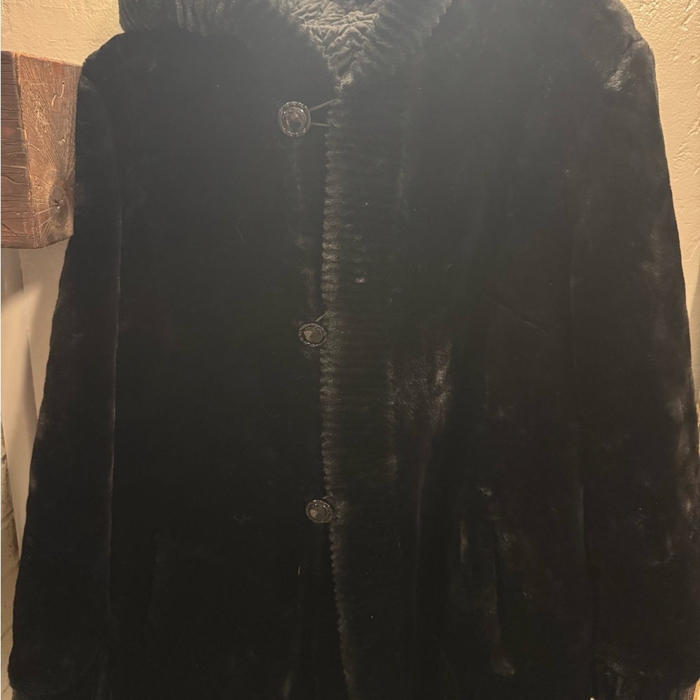 Marvin Richards REVERSIBLE Black Faux Fur Coat Jacket XL or 2XL Evening & Casual